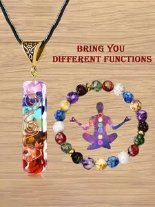 Seven Chakra Energy Crystal Beaded Bracelet and Necklace Set, Multi-Gemstone Pendant, Rainbow Crystal Yoga Meditation Jewelry Gift