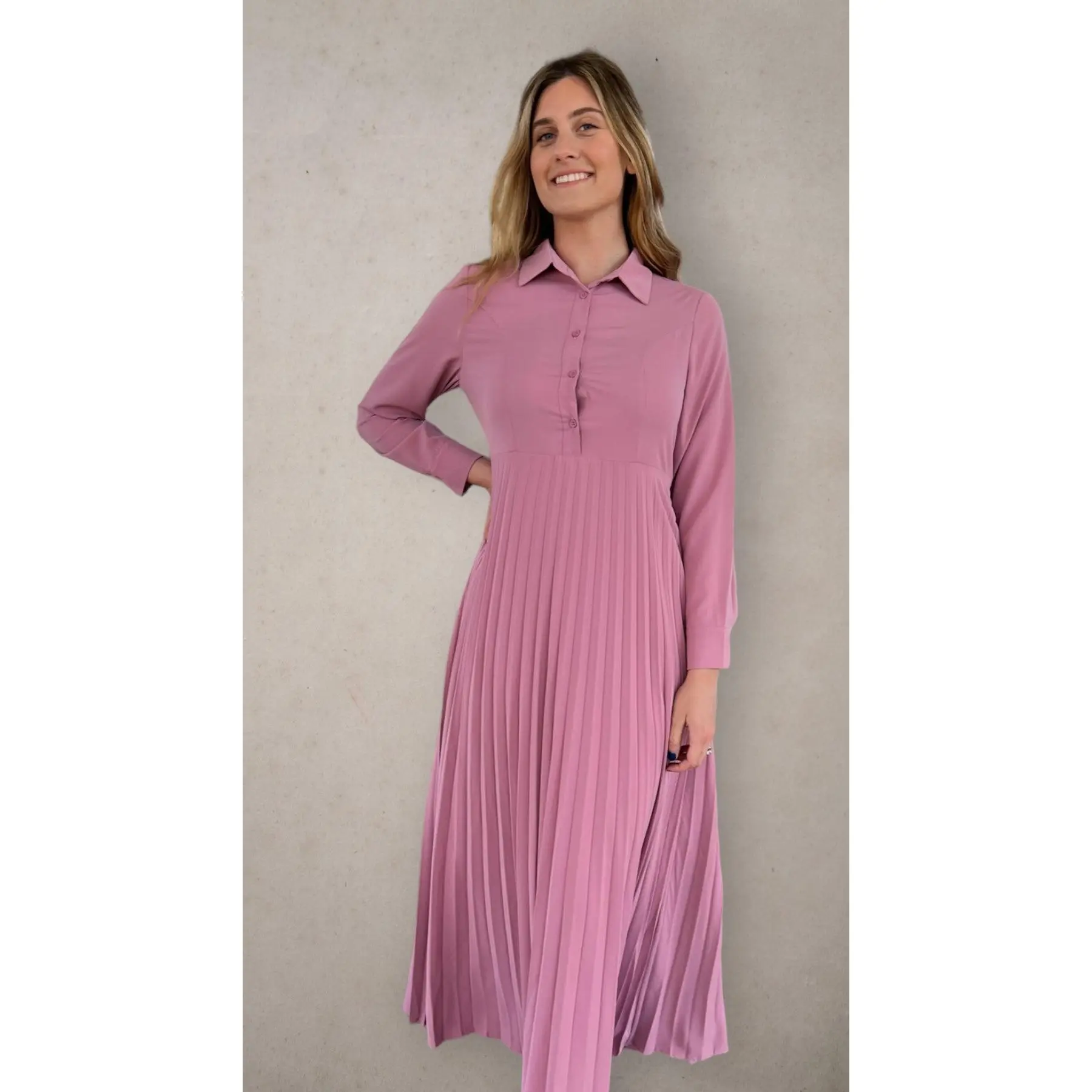 Button Down Pleated Dress - Dusty Pink