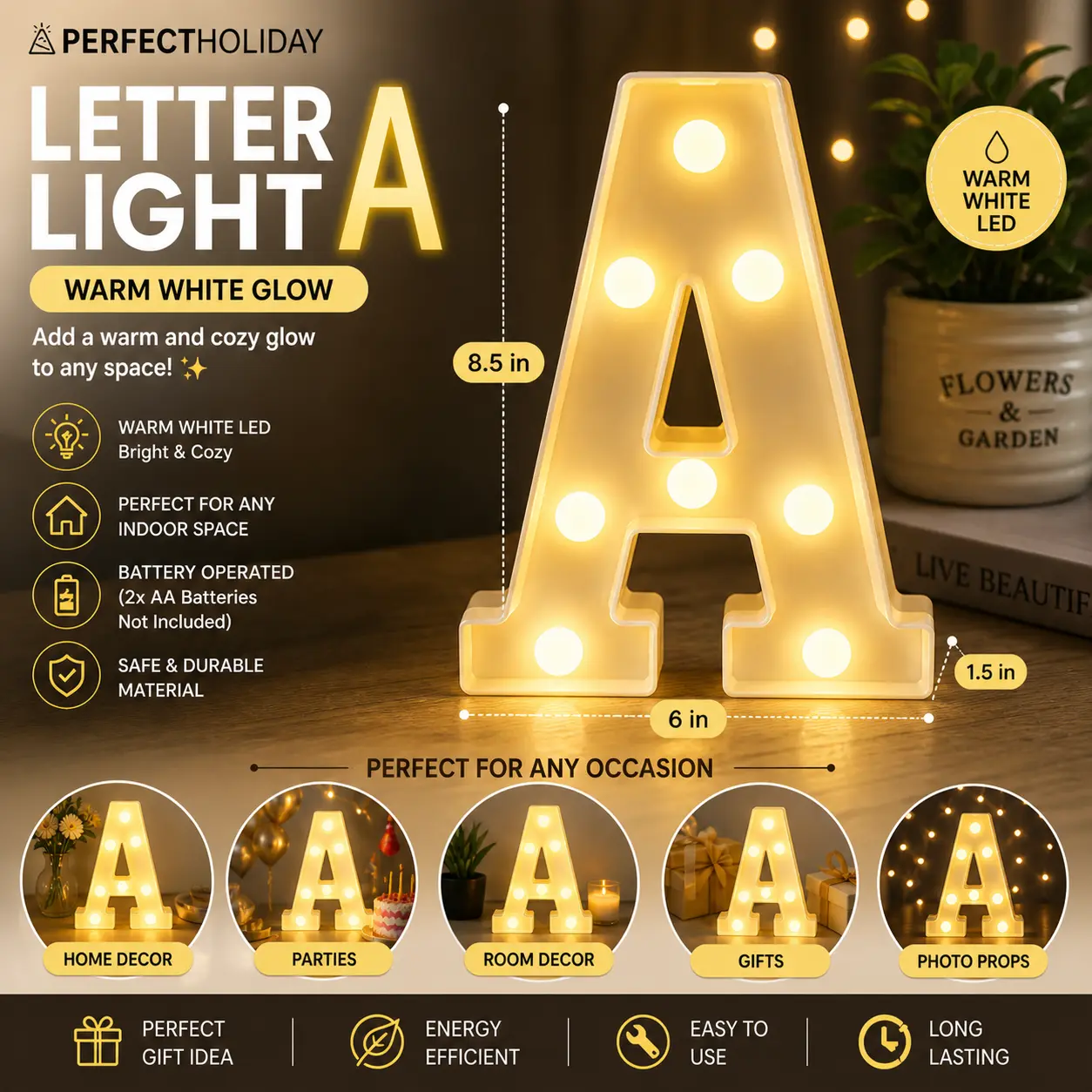 Perfect Holiday Letter Light Decorative Alphabet LED Night Light Battery Operated- A - Warm Glow Wall & Table Decor