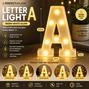 Perfect Holiday Letter Light Decorative Alphabet LED Night Light Battery Operated- A - Warm Glow Wall & Table Decor