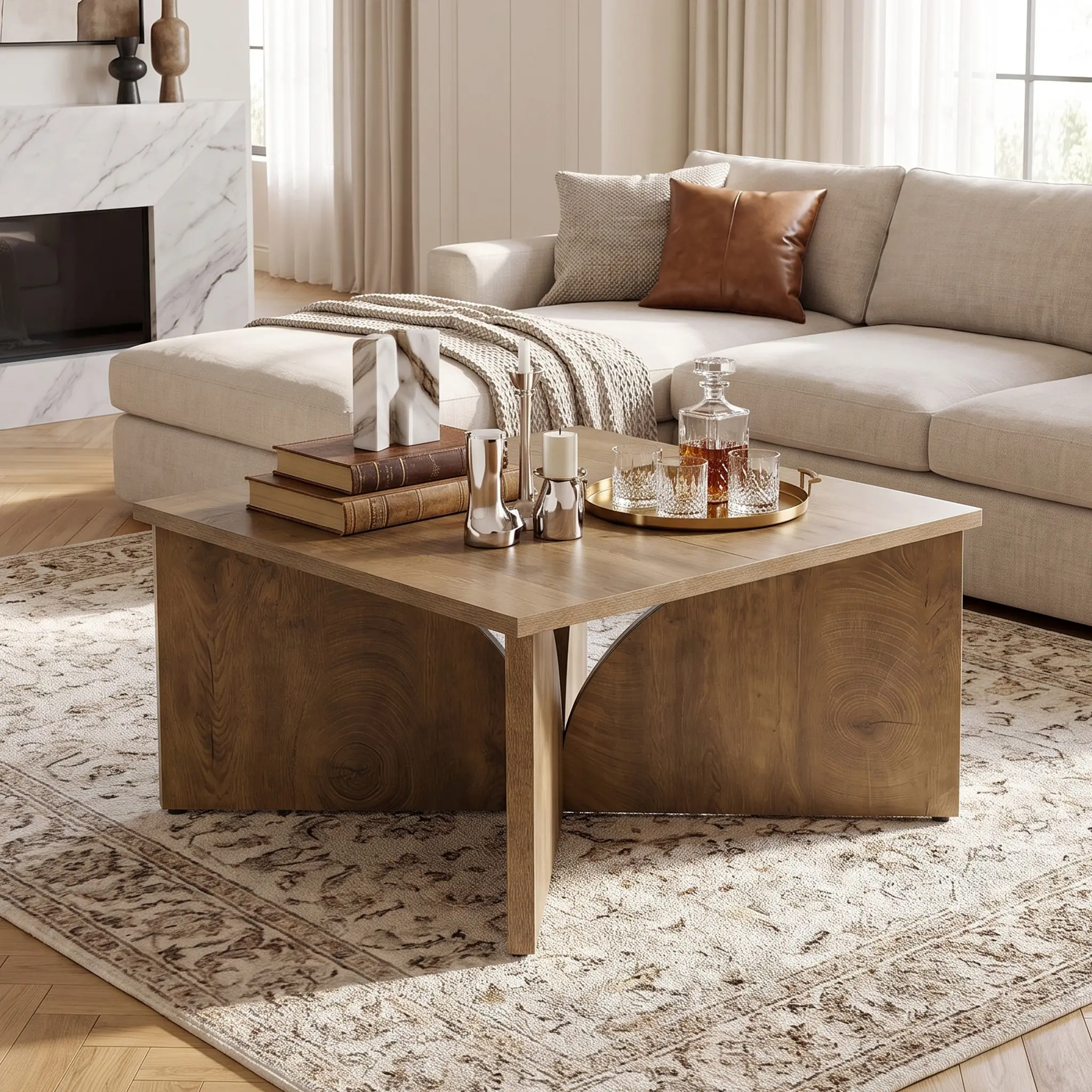 Spaco 31.5" Square Farmhouse Coffee Table – Modern Wooden Cocktail Table with Geometric Cutout Legs, Natural Oak Finish for Living Room & Lounge
