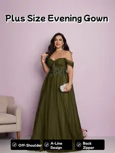 [Plus Size] Off Shoulder Embroidering Slit Mesh Evening Dress, Chic Elegant A-line Fit Dress for Party & Banquet, Formal Wear, Women's Clothes for All Seasons, Womenswear