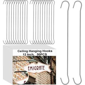 Zonon 50 Pack 12 Inches l Metal Double C Hooks Ceiling Hooks for Banners, Posters, Signs Display Hanger for Ceilings and Windows