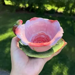 Unique Handmade Rose Flower Teacup with Leaf Saucer Ceramic Botanical Tea Cup Saucer Set Whimsical Garden Tea Party Gift for her for mom