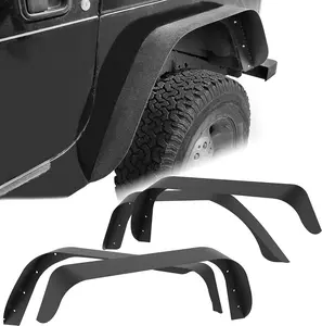 OEDRO Flat Front & Rear Fender Flares Compatible with 1997-2006 Jeep Wrangler TJ & LJ, 4 PCS Off-Road Steel Wheel Flares Set Chrome Eyebrow Headlight Trim Cover