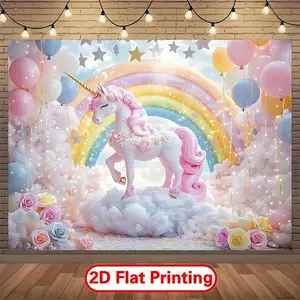 1pc 2D Flat , -A Unicorn Themed Birthday Banner for Decorating The Walls And Entrance of The Party Venue Suitable for Birthday DecorationPolyester fabric Photography Backdrop & party banner - -la