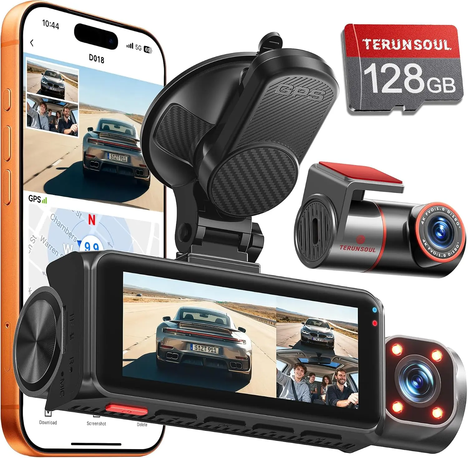 TERUNSOUL D018 4K 3-Channel Dash Cam with 5GHz WiFi GPS, 128GB Card, 4K+4K+1080P Lenses, IR Night Vision, Parking Mode, Wide-Angle View for Car Vlogging dashcam sohochic