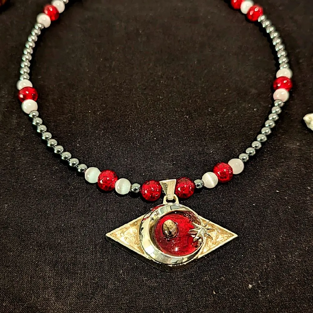 "Siem Reap" EyE Phoenix IE Necklace Handmade with Love in Cambodia 95% Magnetic Hemitite & Red Paua Shell Center Gemstone Jewelry