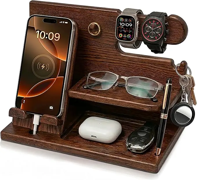 Wood Phone Docking Station for Men - Desk or Nightstand Organizer - Birthday Gifts for Husband, Dad - Anniversary Idea from Wife - Key Holder, Stand Wallet, Watch & Essentials (Bourbon Brown)