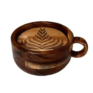 Latte Art Coffee Coasters Set Handmade Wooden Coasters for Cups and Mugs - Rustic Hardwood Coasters with Artisanal Touch and Moisture Resistant Construction