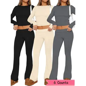 Women's Solid Long Sleeve Crop Tee & Flare Leg Pants Set, Casual Round Neck Top & Bell Bottom Trousers for Spring & Fall, Outfit Sets for Women, Women's Clothes for Daily Wear