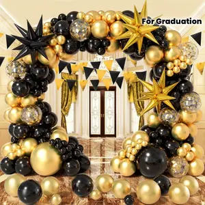 131pcs Bonropin Black and Golden Balloons Garland Arch Kit with Starburst Foil Balloons, Confetti Latex Balloons for Graduation Decorations Anniversary Birthday Party Decorations (Black Golden)