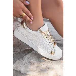 White Leopard Print Glitter Patched PU Leather Lace-up Shoes