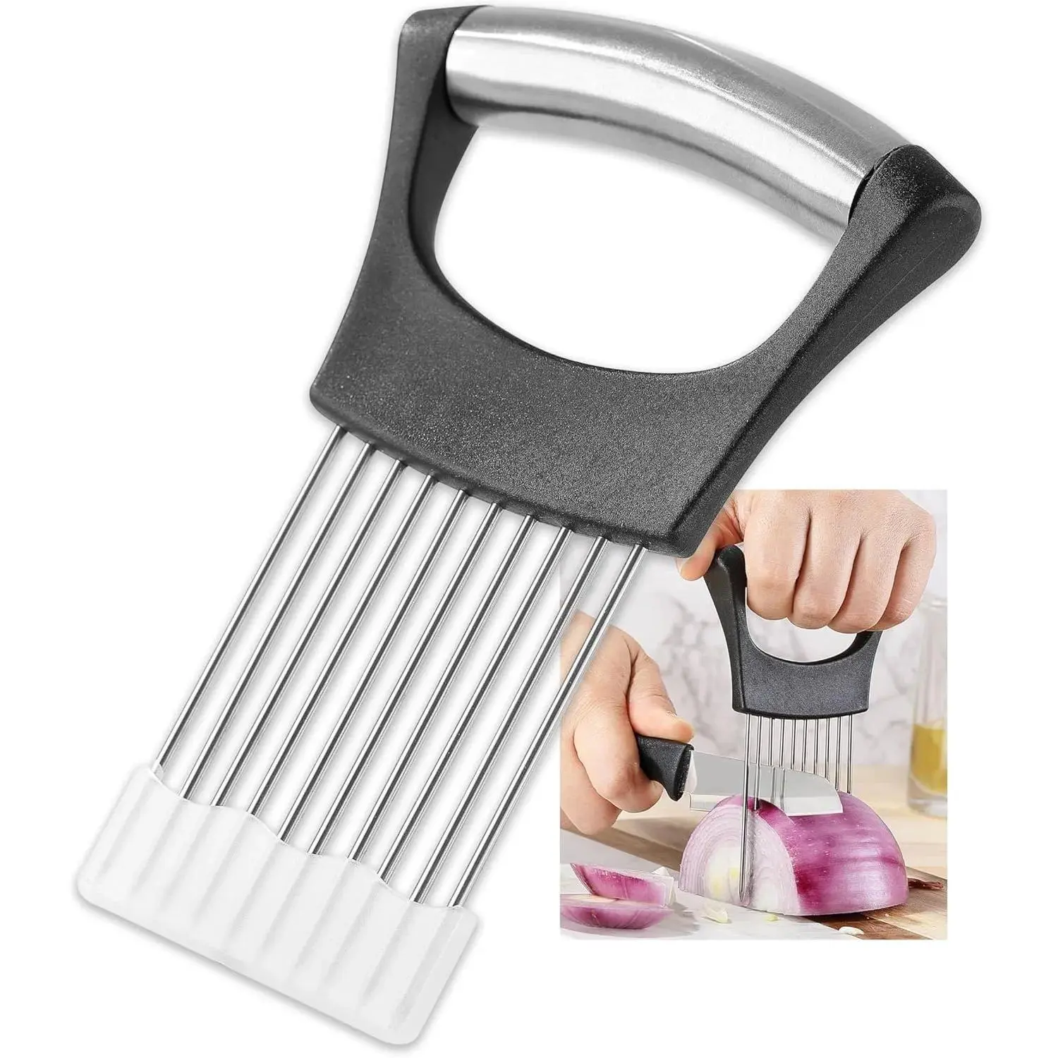 Onion Slicer, Stainless Steel Onion Cutter for Slicing and Storage Onions, Tomato, Eggs and Vegetables, Protective Cover Included, Dishwasher Safe (Black)