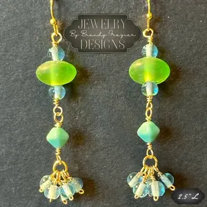 Brandy Frazier Handmade Beaded Wire Earrings with Aqua, Light Green and Pale Blue Glass Beads