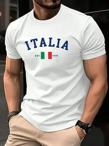 Men's Italy Flag Print Round Neck Tee, Regular Fit Casual Street Short Sleeve T-shirt for Summer, Casual Sportswear, Men's Top for Daily Wear, Athletic T Shirt