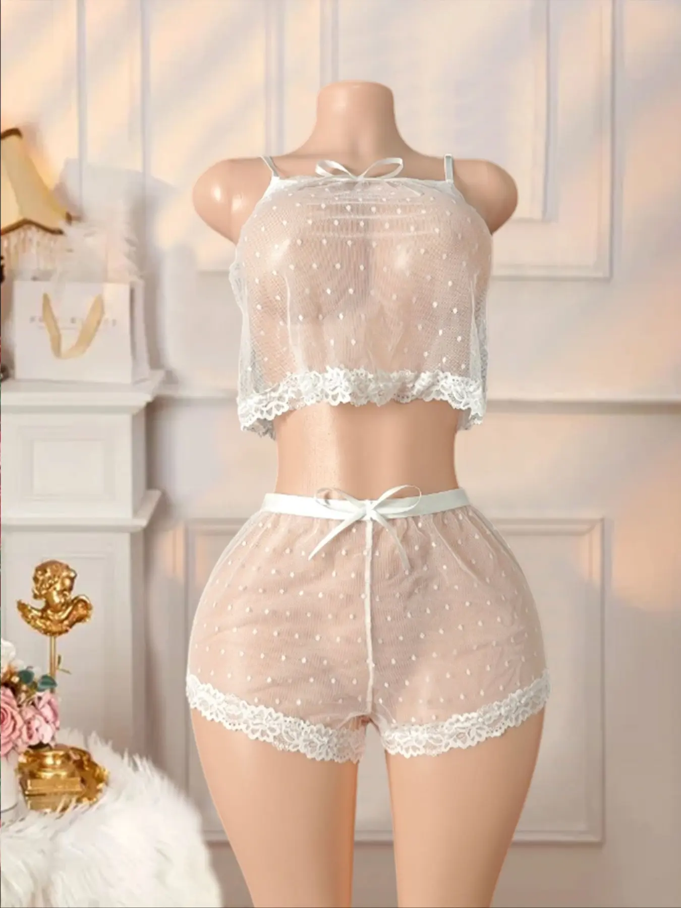 Women's Polka Dot Mesh Lingerie Set, Sheer Feminine Lingerie Nightwear Sleepwear Panty Set with Fitted Inner Layer for All-Season Wear Underwear Style