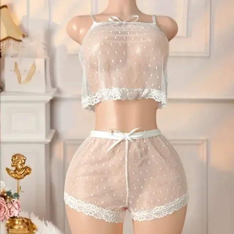 Women's Polka Dot Mesh Set, Sheer Feminine Lingerie Sexywear Nightwear Sleepwear Panty Set with Fitted Inner Layer for All-Season Wear Underwear Style
