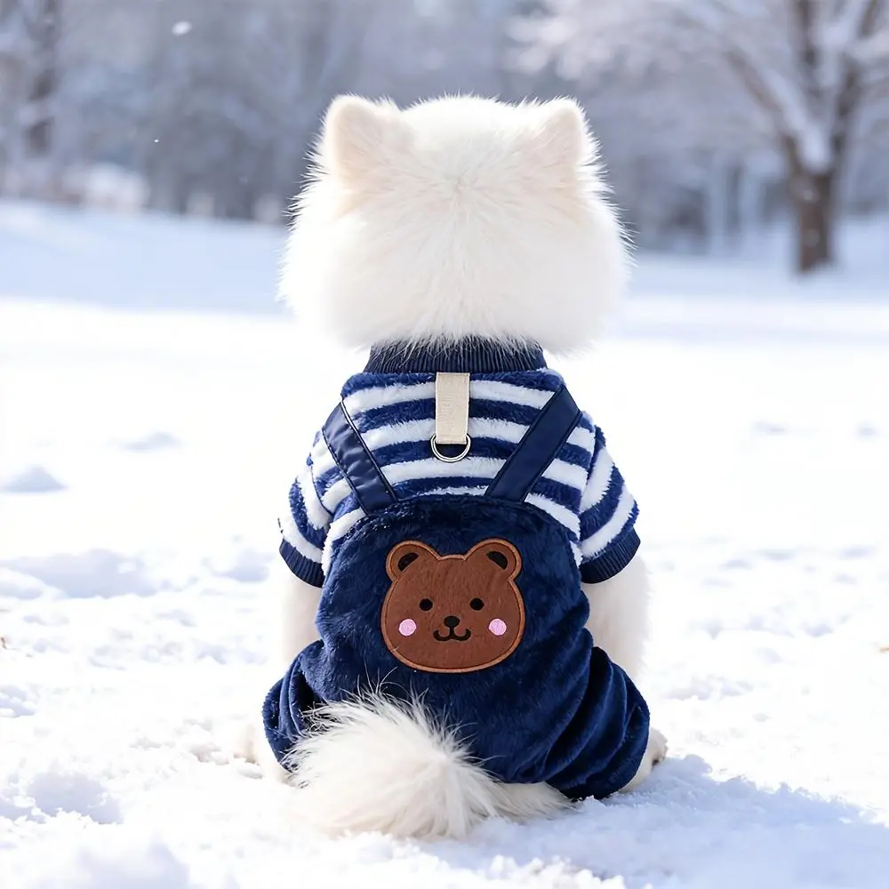 Small Dog & Cat Winter Fleece Overalls - Cute Bear Embroidery, Striped, Warm, Cold-Proof, Outdoor Traction, Universal Pet Clothing, S