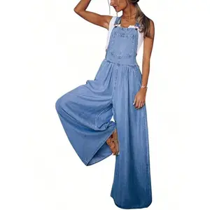 Women's Loose Adjustable Strap Wide Leg Bib Overall Jeans Pants Blue Casual Summer Regular Fit Below the Ankle