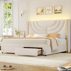 No mattress Upholstered LED Bed Frame with Storage Drawers, Wingback Headboard, Solid Wooden Slats Support, No Box Spring Needed, Splicing Headboard Design