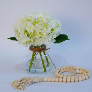 Real Touch Artificial Hydrangea in Vase with Wood Bead Garland, 10" Silk Fake Flowers with Faux Water for Table, Living Room