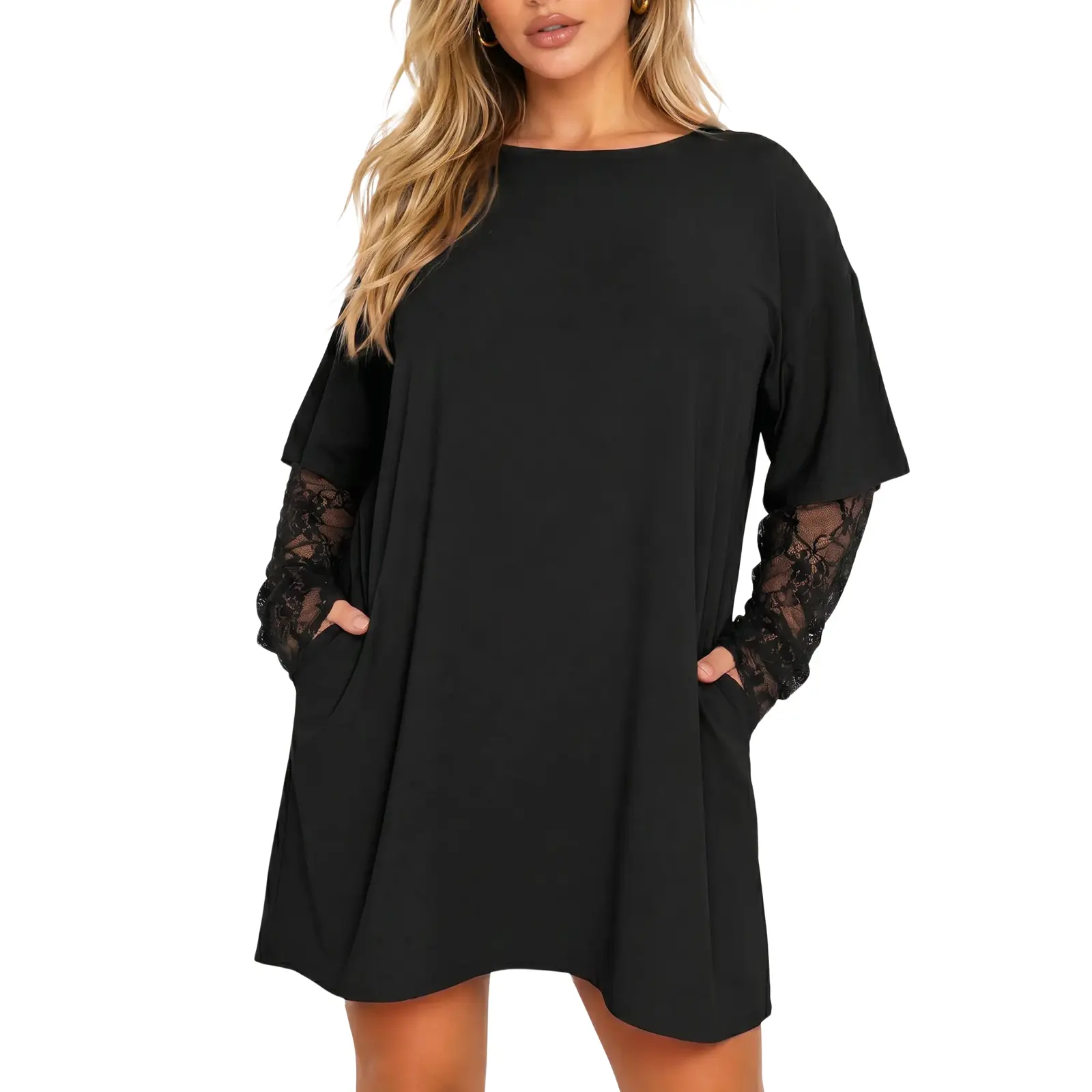Fisoew Womens One Piece Lace Sleeve Mini T-Shirt Dress Crew Neck Oversized Loose Fit Long Lace Underlayer Short Dress With Side Pockets Casual Going Out Outfit