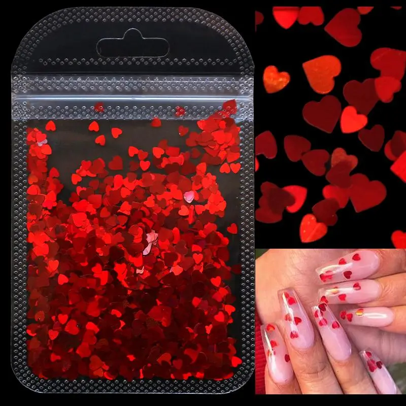 Sale! 2g Holographic Nail Art Glitter Shiny Sweet Love Red Heart Flakes Sequins 3D Nail Paillette Manicure Nail Decorations