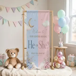 Gender Reveal Linen Banner, He or She Welcome Sign, Baby Shower Linen Sign, Pink Blue Party Decor