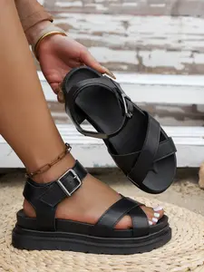 Women's Cross Strap Chunky Heel Roman Sandals, Cool Workwear Style, Summer Comfortable Height Increase Shoes, Casual