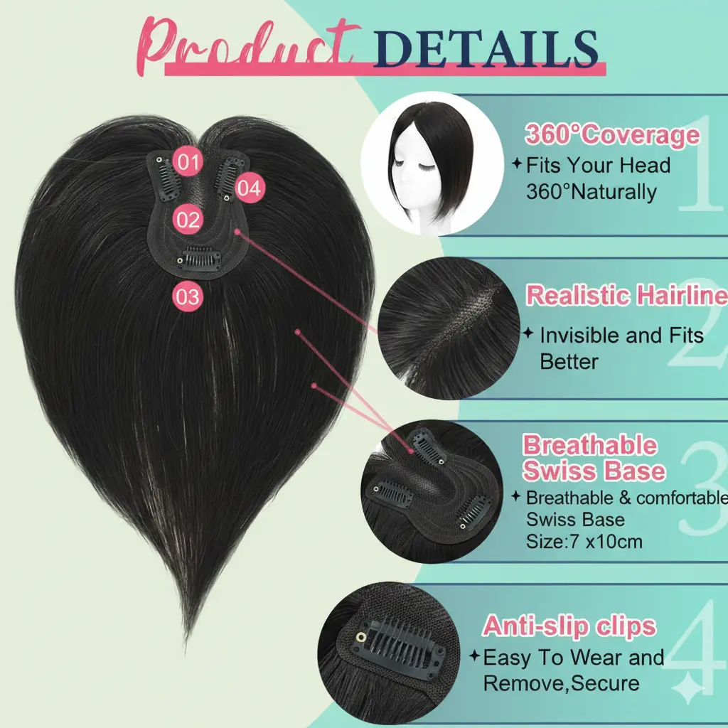 10 Inch Real Human Hair Toppers for Women, No Bangs, 8×12cm  display picture 3