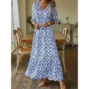 Women’s elegant casual V-neck bubble-sleeve loose long dress with all-over print, comfortable and fashionable, perfect for everyday wear GARMENTARY