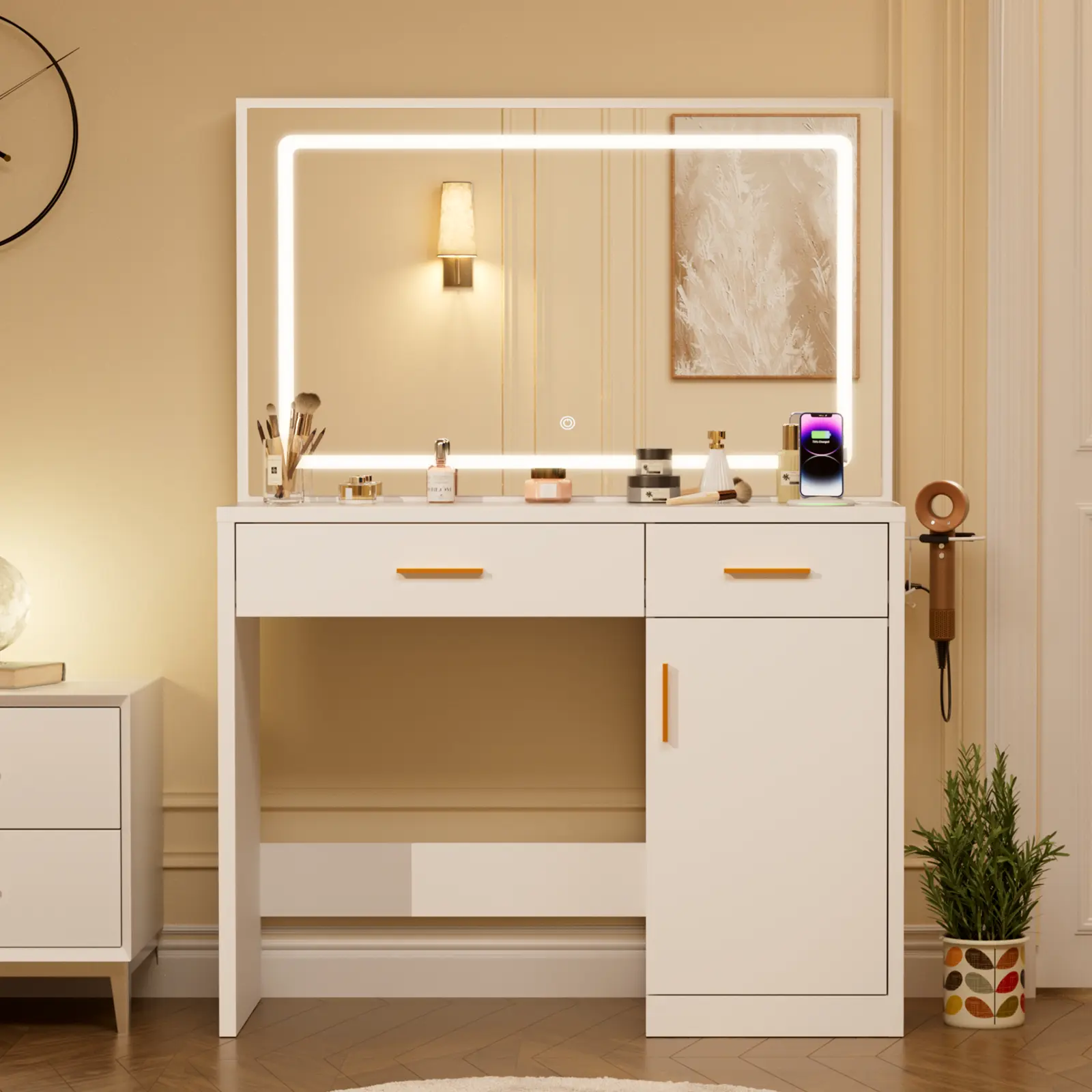 Sweetcrispy MDF Wood Makeup Vanity Table with LED Lights - 35.4" Sturdy Modern Indoor Furniture, 3 Adjustable Lighting Colors, 2 AC/USB/C Charging Ports, 2 Drawers, Large Storage Cabinet, Storage & Makeup Organization, Valentines Gift for Moms