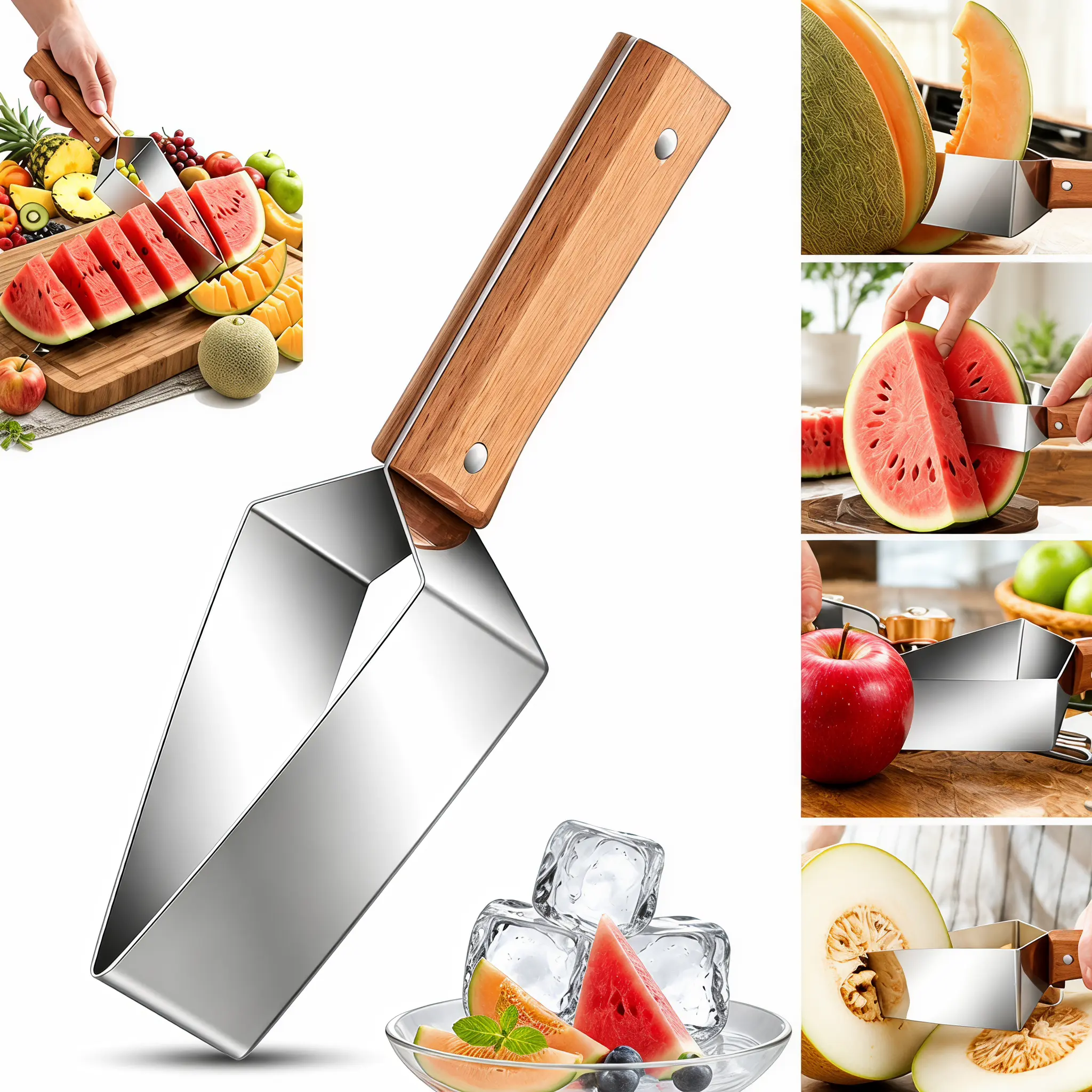 Stainless Steel Triangle Watermelon Cutter with Wooden Handle and Blade Cover, Kitchen Fruit Slicer Utensil for Watermelon, Melon