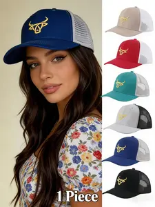 Western Style Mesh Baseball Cap, Embroidered Bull Head Breathable Sun Hat, Outdoor Fitted Trucker Hat for All Seasons, Fitted Snapback Hats, Adjustable Trucker Hat