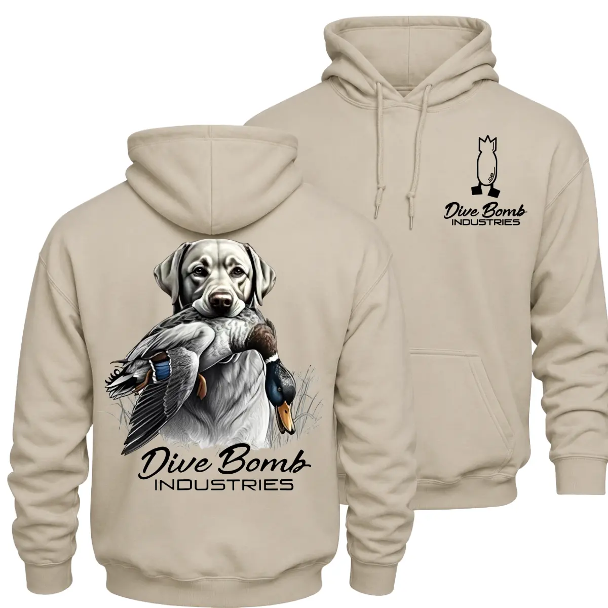 Dive Bomb Industries Duck Hunting Hoodie, Labrador Retriever with Mallard Ducks Graphic Pullover, Front Chest Logo and Large Back Print Waterfowl Hunter Apparel, Southern Outdoor Hunting Gift for Men and Women
