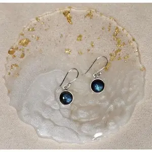 Blue Fire Labradorite Earrings with Silver Hoops and Natural Fire Labradorite Stone