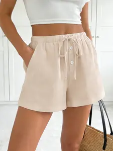 2026 TikTok Viral Mid-Rise Drawstring Shorts for Women Casual Loose Fit Elastic Waist Button Detail Beach Vacation Loungewear Comfy Lightweight Everyday Shorts for Ladies Beach Holiday Daily Wear Night Out Party