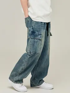Men’s outdoor cargo jeans with multiple pockets, stylish loose straight-leg fit, drawstring waist, suitable for all seasons, comfortable and versatile, ideal for everyday wear.
