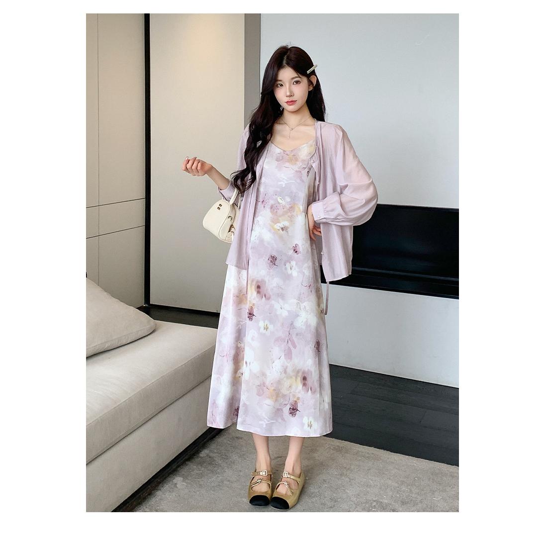 Sweet And Gentle Style Purple Printed Slip Dress Shirt And Cardigan Two-Piece Set