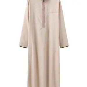 Classic Beige Men's Arabian Long Robe - Vintage Style, Round Neck, Button Front, Machine Washable, All-Season Traditional Attire