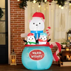 5ft Christmas Inflatables Outdoor Decorations Blessed Polar Bear and Penguins in the Cup, Blow-Up LED Yard Christmas Decor for Garden, Lawn, Party, Holiday