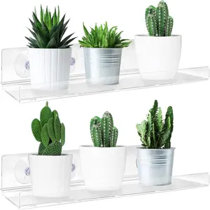 2 Pack Suction Cup Window Shelf for Plants 16 Inches, Clear Acrylic Indoor Plant Shelf Window Ledge Sill Extender for Greens, Seed Starter Pots, Herb