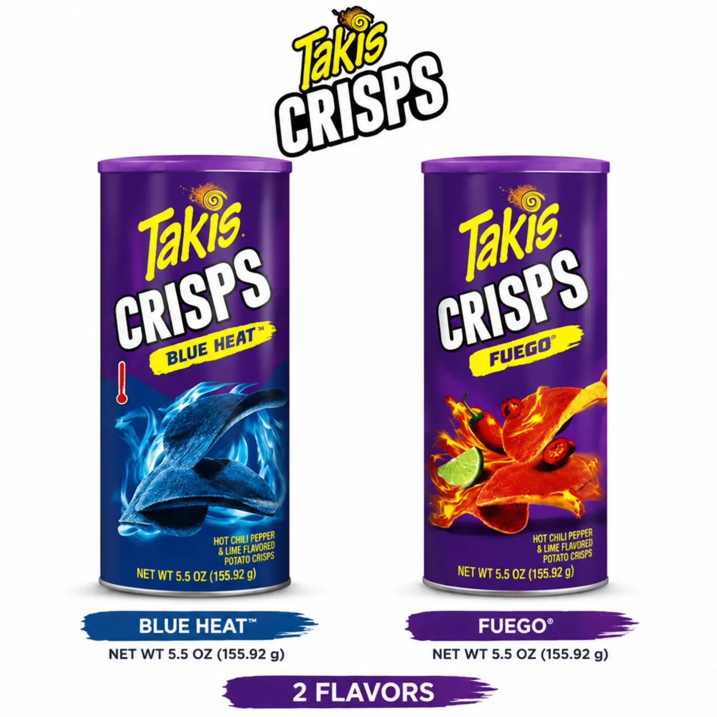 Takis Crisps 5.5oz Potato Crisps Fuego And Blue Heat Flavors Crunchy Snack Can