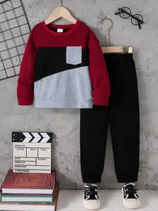 Boys' Casual Colorblock Long Sleeve Sweatshirt & Solid Color Sweatpants Set, Fall Winter Kids Clothing, Comfortable Two-Piece