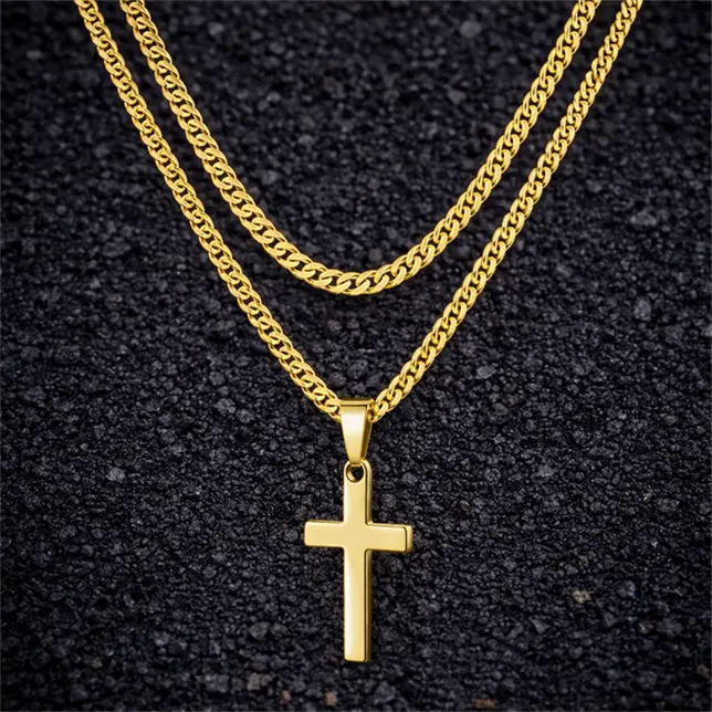 Unisex Minimalist Layered Cross Necklace - Double-Layer Chain Christian Faith Pendant, Fashion Religious Costume Jewelry Accessory