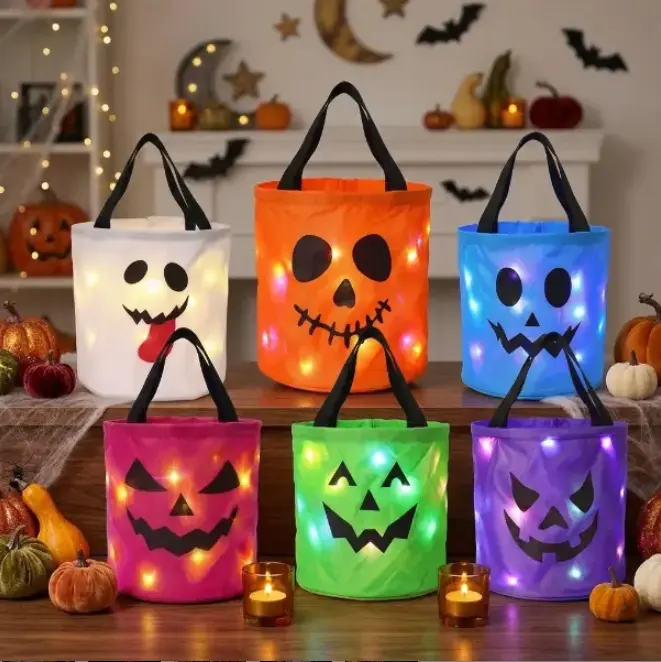 LED Halloween Pumpkin Candy Bucket Set, Reusable Non-Woven Trick-or-Treat Bags, Kids’ Party Favor Gifts, Home Garden Night Light Decor,back to school,back to school haul
