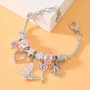 Women's Princess Style Adjustable Bracelet Pink Heart Butterfly Star Pendant Sparkling Crystal May Birthstone Elegant Jewelry For Anniversary
