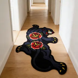 Vintage Street Style Rose Leopard Carpet Mat, Soft Easy Clean Plush Leopard Print Rug, Decorative Rug, Modern Trendy Art Home Decor for Living Room Bedroom