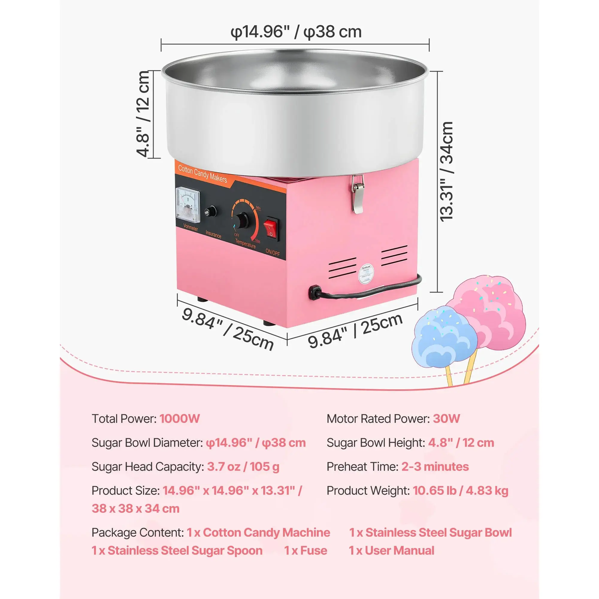 SucceBuy Cotton Candy Machine Commercial 1000W Electric Candy Floss Maker